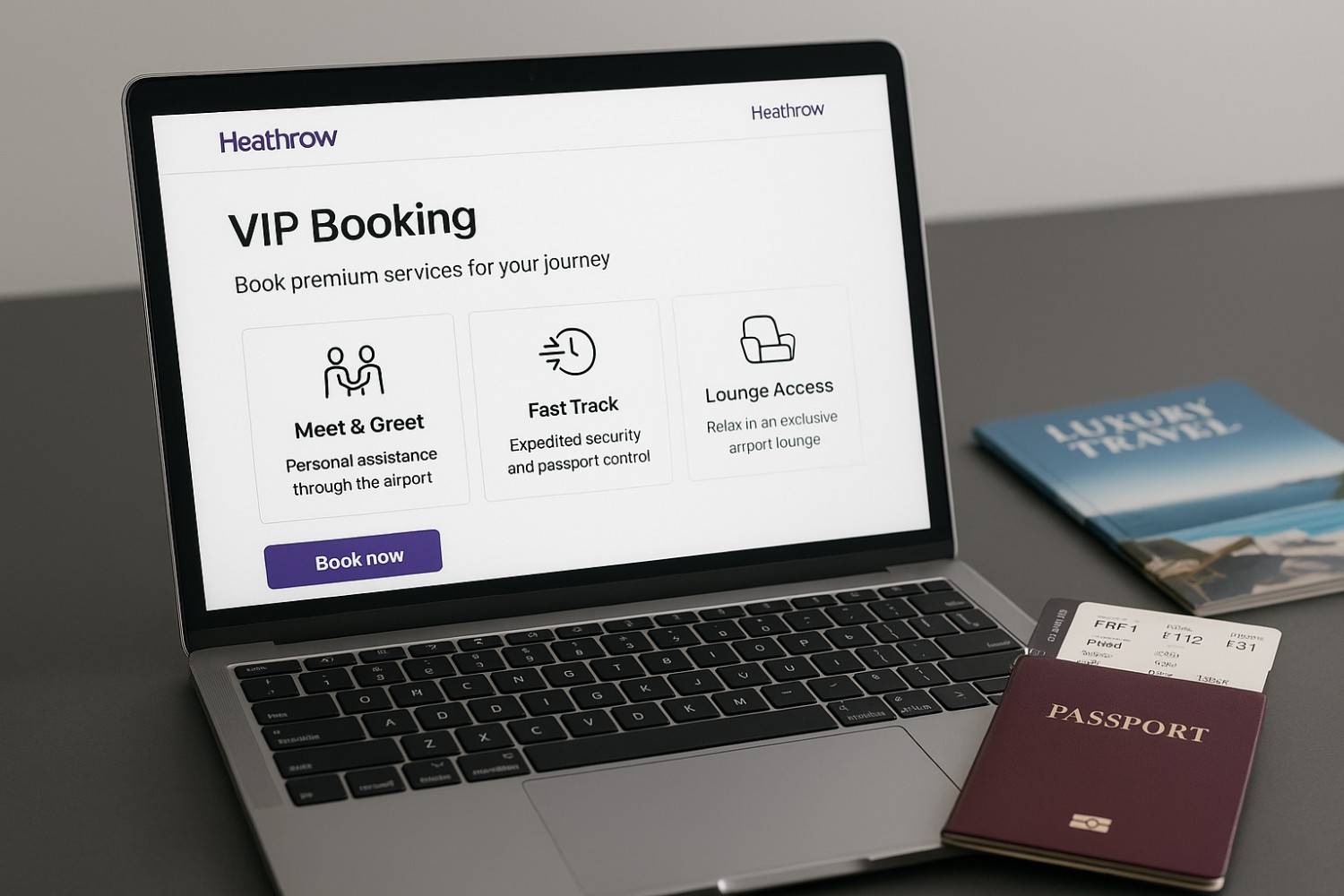 Book VIP service at London Heathrow online showing meet and greet, lounge access, and travel documents.
