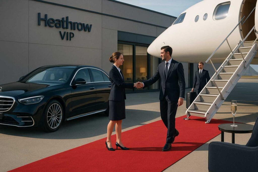 Luxury Heathrow VIP arrival service with black Mercedes